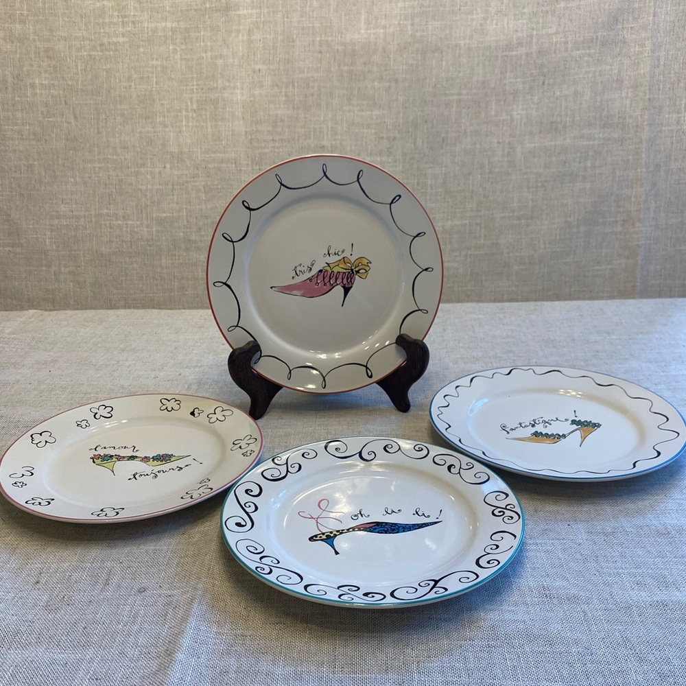 Rosana French Tres Chic Oh La La shoe dessert/salad plate. Set of 4.